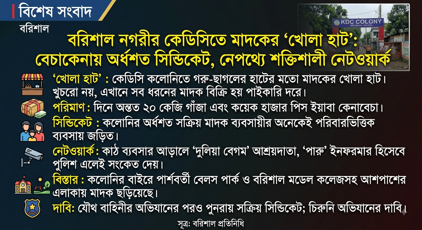 বরিশাল নগরীর কেডিসিতে মাদকের খোলা হাট: বেচাকেনায় অর্ধশত সিন্ডিকেট, নেপথ্যে শক্তিশালী নেটওয়ার্ক